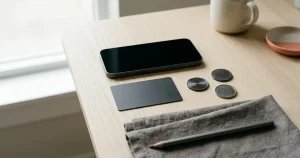 Mobiltelefon, betalkort och några neutrala mynt på ett ljust bord