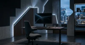 Dämpat belyst rum med neutral skärm, sittplats och geometriska ljusreflexer