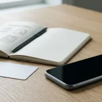 Mobiltelefon och anteckningsbok intill ett bankkort på ett träbord